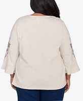 Alfred Dunner Plus Harvest Moon Medallion Embroidered Flutter Sleeve Top