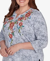 Alfred Dunner Plus Harvest Moon Textured Floral Embroidered Split Neck Top