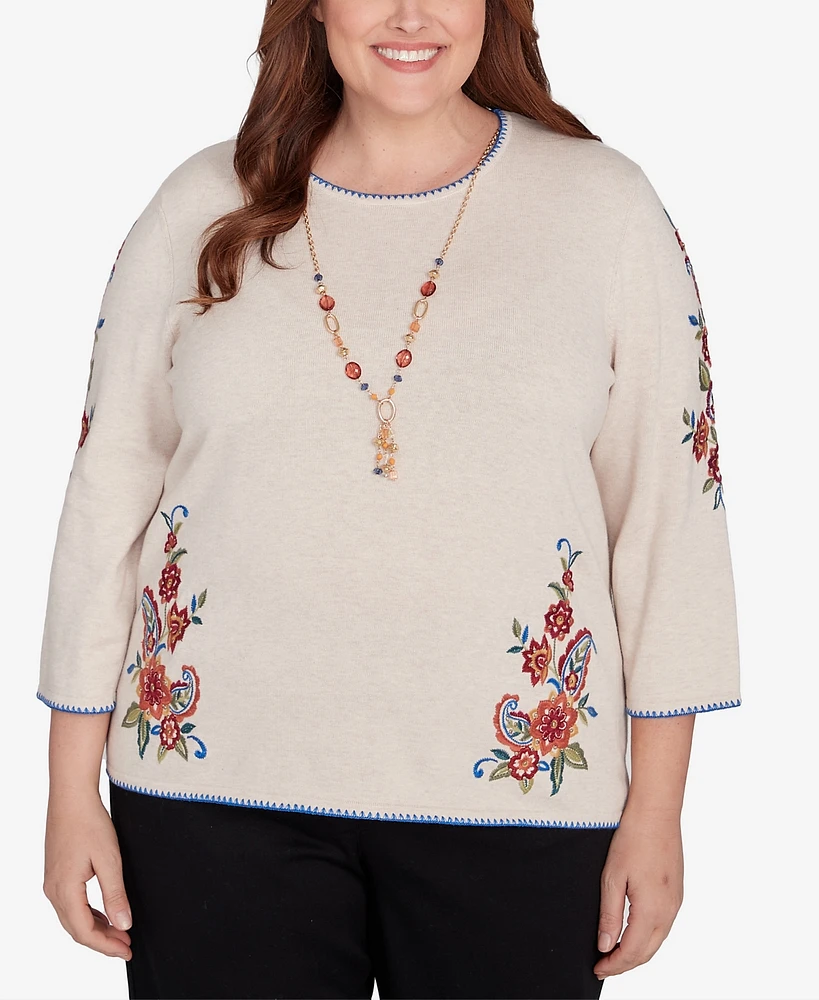 Alfred Dunner Plus Harvest Moon Paisley Floral Sweater with Necklace