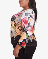 Alfred Dunner Plus Runway Ready Floral Crew Neck Top with Drawstring Hem