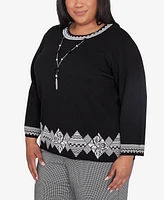 Alfred Dunner Plus Runway Ready Diamond Border Crew Neck Sweater with Necklace