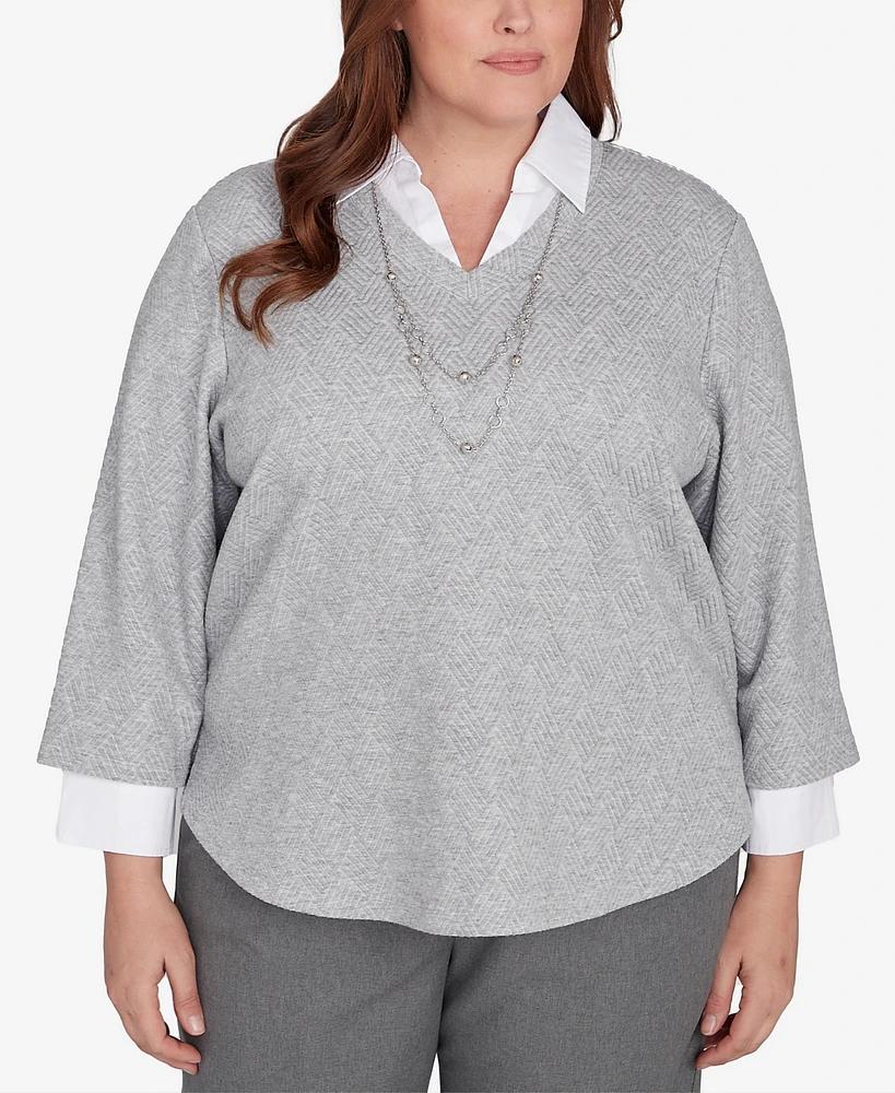 Alfred Dunner Plus Copenhagen Soft Collared Two One Top with Necklace