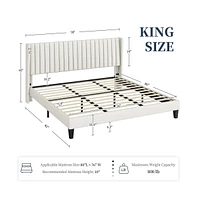 Yaheetech King Upholstered Bed Frame with Wing Side, Platform Bed Frame with Channel Headboard, Mattress Foundation with Wood Slat Support, Beige