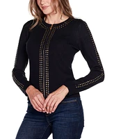 Belldini Women's Black Label Crewneck Embellished Zip Cardigan Sweater