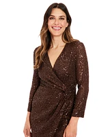 London Times Petite Sequin Faux-Wrap Long-Sleeve Dress