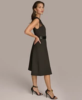 Donna Karan New York Women's Illusion-Trim Belted Fit & Flare Dress