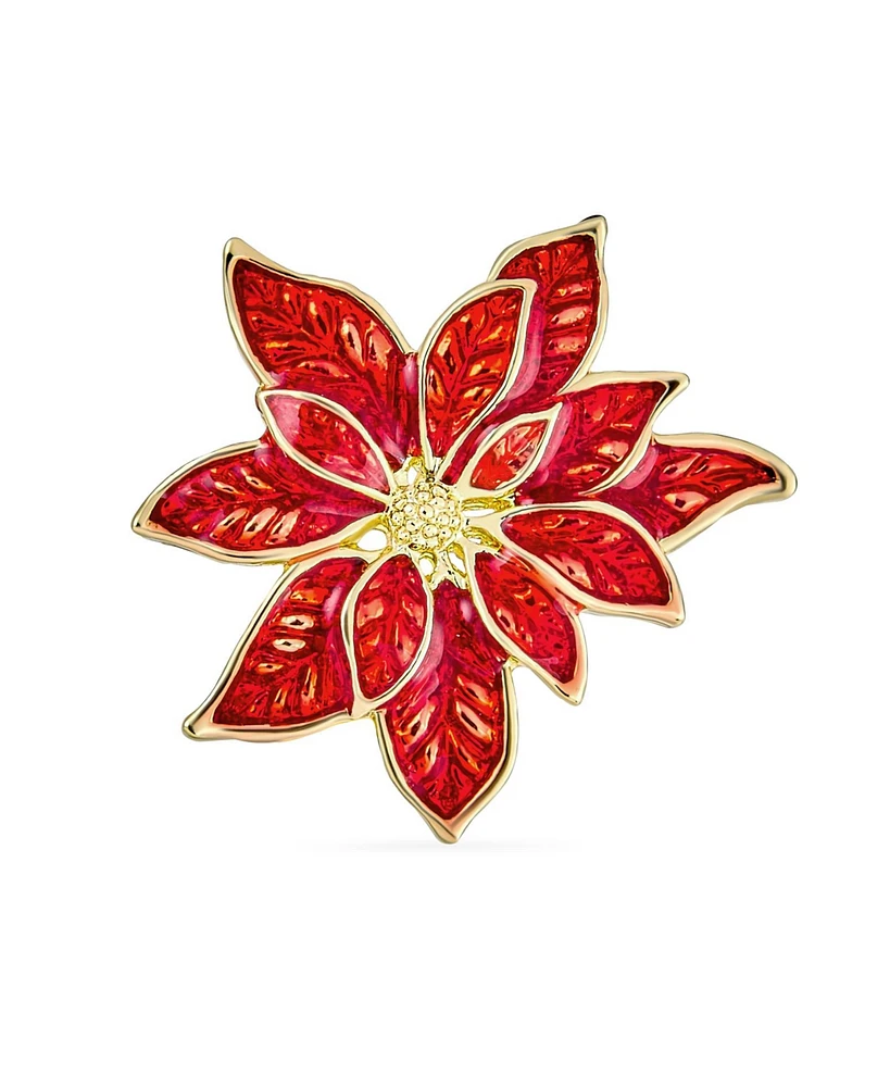 Bling Jewelry Large Flower Holiday Statement Red Poinsettia Brooch Christmas Pin Enamel Gold