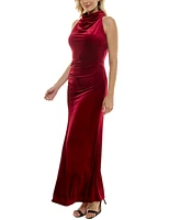 Taylor Women's Velvet Halter Cowlneck Twist-Back Gown