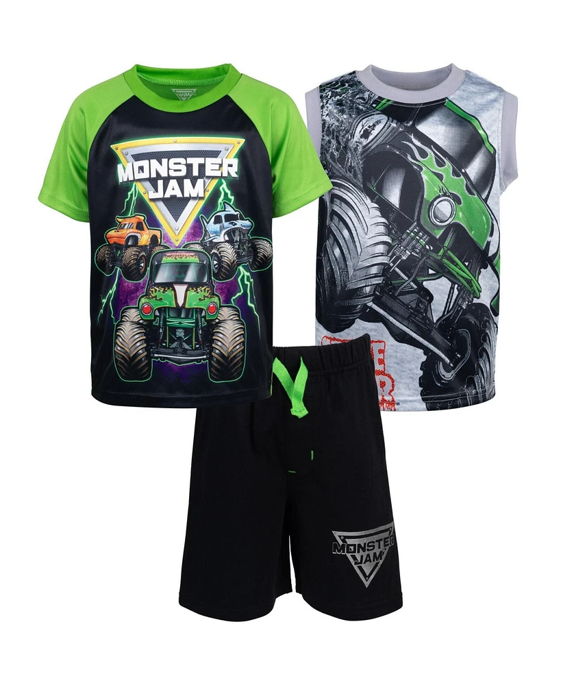 Monster Jam Toddler Boys Grave Digger El Toro Loco Megalodon T-Shirt Tank Top and French Terry Shorts 3 Piece Set to