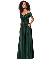 Xscape Petite Off-the-Shoulder Glitter Gown