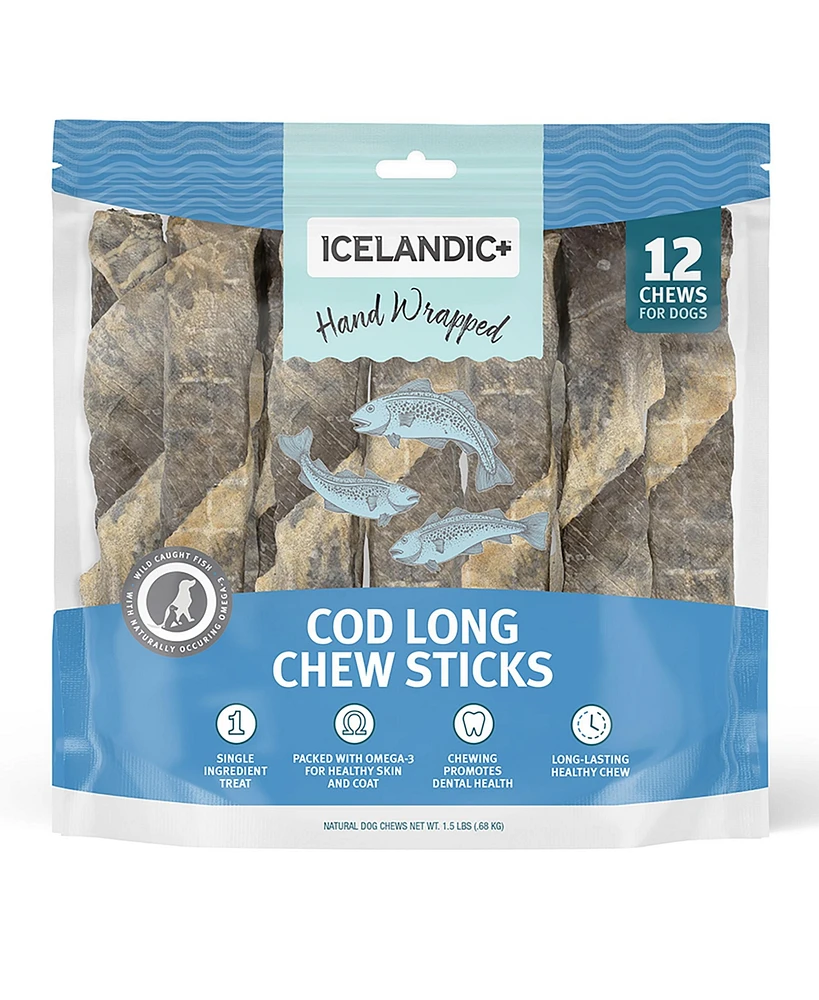 Icelandic+ Cod Skin Hand Wrapped Dog Chew Stick: Long 10" - 12 pk