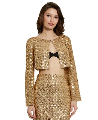 Mac Duggal Women's Beaded Sequin Georgette Long Sleeve Cardigan