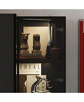 Famapy Black Wood 4-Shelf Corner Bookcase with Glass Doors,Led Lights