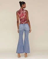 Avec Les Filles Sleeveless Floral Mesh Top Extreme Flare Jeans