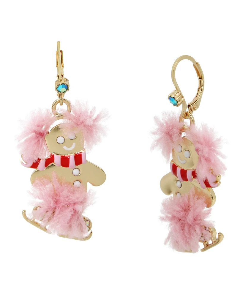 Betsey Johnson Faux Stone Jingle Bell Bling Christmas Gingerbread Skater Drop Earrings