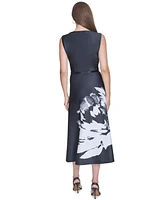 Halston Women's Floral-Graphic Belted Fit & Flare Dress