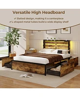 Gymax Full Size Bed Frame w/ Drawers Led Lights Outlets & Usb Ports Smart App Control
