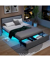 Gymax Queen Size Bed Frame w/ 2 Storage Drawers Led Lights Slats Support Modern