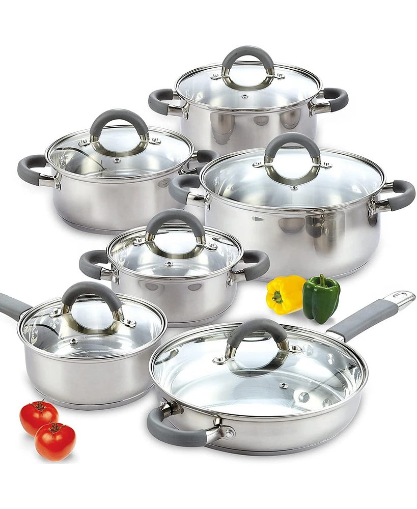 Cook N Home 12 Piece set Stainless Steel Basic Pots and Pans Cookware, Grey Silicone Handle