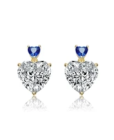 Genevive Sterling Silver 14K Gold Plated with Green, Red, or Blue Cubic Zirconia Two-Stone Heart Stud Earrings