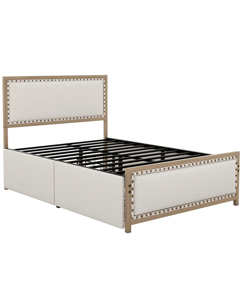 Slickblue Full Size Upholstered Platform Bed with Nailhead Trim and 4 Storage Drawers