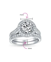 Bling Jewelry Art Deco Style 3CT Round Cz Halo Pave Band Ring Set For Women .925 Sterling Silver