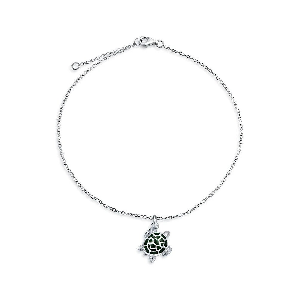 Bling Jewelry Hawaii Tropical Beach Vacation Nautical Dangle Charm Sea Green Enamel Turtle Anklet Link Ankle Bracelet For Women .925 Sterling Silver 9