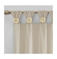 Rosette Floral Embellished Cuff Tab Top Solid Curtain Panel, 50"W x 95"L