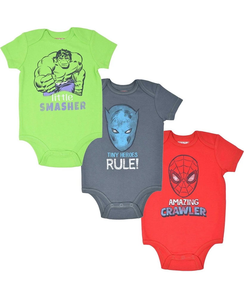 Marvel Baby Boys Avengers Spider-Man Black Panther Hulk 3 Pack Bodysuits Newborn to