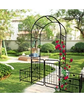 Slickblue Metal Garden Arch with Gate – 79.5'' Wide x 86.6'' High, Black Arbor for Climbing Plants and Rose Support, Outdoor Use