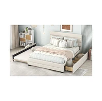 Slickblue Queen Upholstered Platform Bed with Twin Size Trundle and Two Drawers