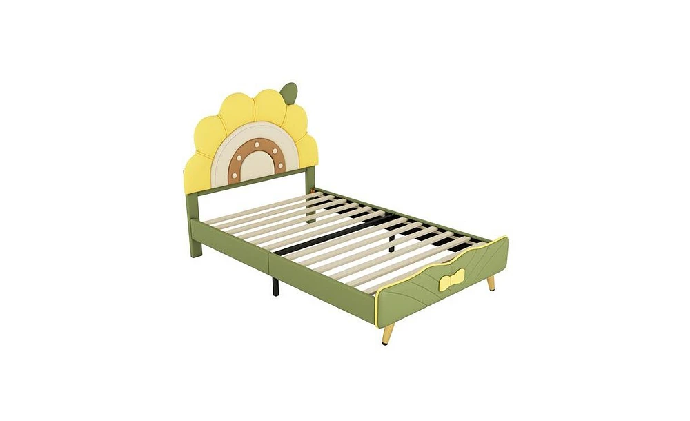 Slickblue Twin Upholstered Platform Bed with Sunflower Headboard Design