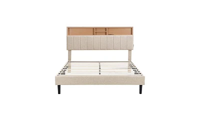 Slickblue Queen Size Upholstered Platform Bed with Storage Headboard and Usb Charging Port