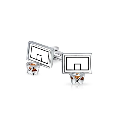 Bling Jewelry Sports Fan Coach Backboard Hoop Basketball Cufflinks For Men Shirt Cuff Links Graduation Gift Bullet Hinge Back Stainless Steel Enamel