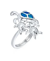 Bling Jewelry Nautical Tropical Beach Vacation Sea Mom Mother Children Tortoise Family Blue Created Opal Inlay Turtle Ring For Women .925 Sterling Sil