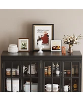 Famapy Black Wood Bookcase Storage Cabinet With Tempered Glass Doors