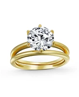 Bling Jewelry Traditional Etoile 3CTW Round Solitaire 6 Prong Cz Promise Band Ring Set for Women Yellow 14KGold Plated.925 Sterling Silver - Gold