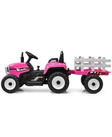 Costway 12V Kids Ride On Tractor with Trailer Ground Loader w/ Rc & Lights