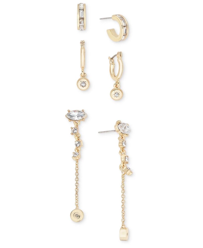 On 34th Gold-Tone 3-Pc. Set Crystal Hoop & Linear Drop Earrings, Created for Macy's