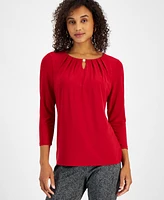 Kasper Womens Pleat-Neck 3/4-Sleeve Blouse