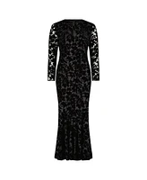 Mac Duggal Women's Burnout Velvet Long Sleeve Ruffle Hem Midi Dress