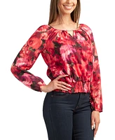 Bcx Juniors' Floral-Print Peplum-Hem Keyhole Top