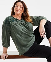 Style & Co Plus Embroidered-Yoke 3/4-Sleeve Top, Created for Macy's