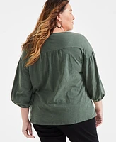 Style & Co Plus Embroidered-Yoke 3/4-Sleeve Top, Created for Macy's