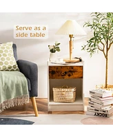 Gymax Set of 2 Nightstand with Drawer Cabinet End Side Table Raised Top Rustic Brown