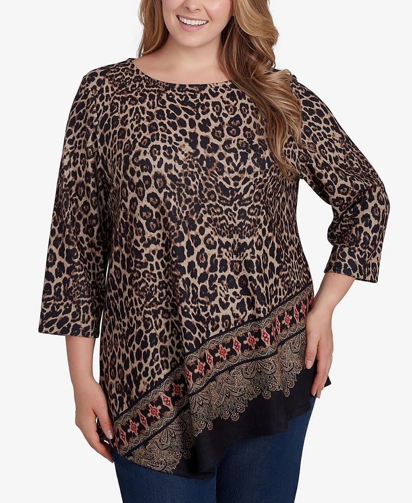 Ruby Rd. Plus Ballet Neck Print Hatchi Knit Top with Asymmetric Hem