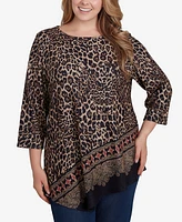 Ruby Rd. Plus Size Ballet Neck Print Hatchi Knit Top with Asymmetric Hem