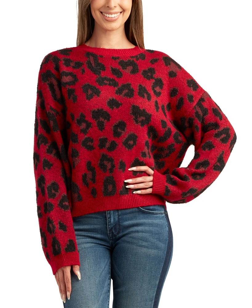 Bcx Juniors' Animal-Print Cropped Dropped-Shoulder Sweater