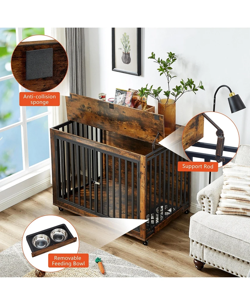 Slickblue Furniture Style Dog Crate Side Table with Built-In Feeding Bowl – Stylish and Functional