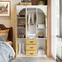 Famapy White and Brown Paint Finish Wood 45.7 in. W Bedroom Armoire in Victorian Style, Mirrored Doors, Hanging Rods, Drawer